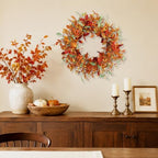 18 Inch Fall Wreath for Front Door, Autumn Floral Wreath with Orange Leaves, Berry Clusters, Flowers and Greenery for Porch Wall Entryway Mantel Thanksgiving Décor - Image 3