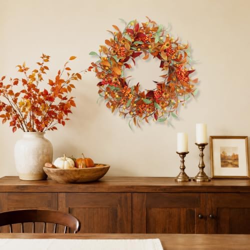 18 Inch Fall Wreath for Front Door, Autumn Floral Wreath with Orange Leaves, Berry Clusters, Flowers and Greenery for Porch Wall Entryway Mantel Thanksgiving Décor - Image 3