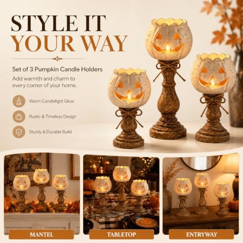 Pumpkin Candle Holder Set of 3, Rustic White Jack-O'-Lantern Tea Light Holders for Halloween and Fall Decor, Graduated Farmhouse Tabletop Mantel Entryway Decorations, Small Medium Large - Image 6