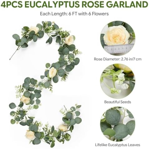 4 Pack 24FT Artificial Eucalyptus Flower Garland with 6 Champagne Roses, Fake Flower Vines Centerpieces for Tables, Spring Greenery Floral Garland for Mantle Wedding Backdrop Home Table Runner Decor - Image 2