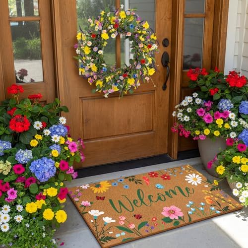 Tingjoo 2 Pcs Summer Floral Door Mat and Wreaths for Front Door - Image 2