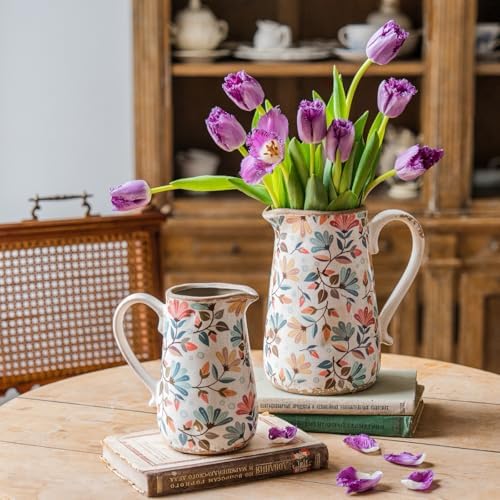 Vintage Colorful Flower Ceramic Vase with Handle, Retro Ice Glazed Crack Farmhouse Pitcher Vase for Home Decor, Living Room, Shelf, Office, Rustic Table Centerpiece 9 Inch - Image 2