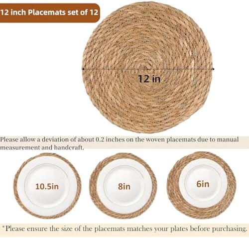 12" Round Woven Placemats Set of 12, Boho Rattan Chargers - Image 2
