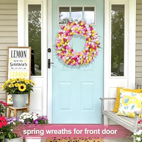 Tulip Wreath,Spring Wreaths for Front Door Zmtyykh Artificial Floral Door Wreath for Valentine’s Day Easter Summer Decor for Outdoor Indoor Window Wall Front Porch Farmhouse Home 22" Pink Yellow White - Image 5