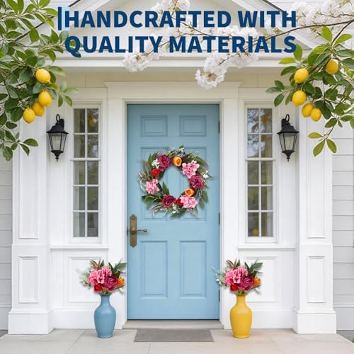 24in Faux Peony Spring Summer Wreath and Bouquets Set, Realistic Artificial Floral Door Wreath with Real Rattan Base, Includes 2 Matching Bouquets, Fake Flower for Spring Front Home, Mother's Day - Image 2