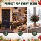 500 Pcs Artificial Christmas Snow Pine Branches with Red Berry Stems 10.6" Snowy Faux Greenery Pines Christmas Picks and Sprays Fake Foliage Pine Needle Picks for Wreaths Garland Home Decor - Image 4