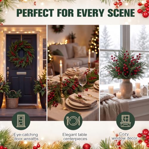 500 Pcs Artificial Christmas Snow Pine Branches with Red Berry Stems 10.6" Snowy Faux Greenery Pines Christmas Picks and Sprays Fake Foliage Pine Needle Picks for Wreaths Garland Home Decor - Image 4