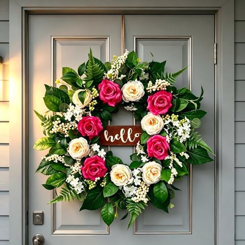 Artificial Spring Summer Wreath, 24 Inch Floral Wreath for Front Door - Greenery Wreath with Flowers and Green Leaves, Farmhouse All Season Home Decor for Indoor Outdoor Wall Porch Window - Image 3