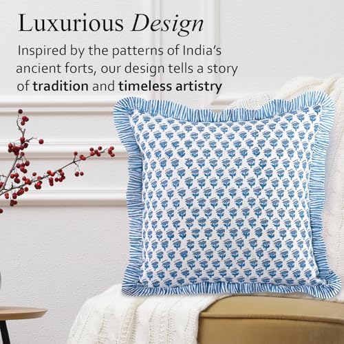 CPC Block Print Ruffle Throw Pillow Cover Apatite Blue 24"x24", Pack of 2 - Image 4