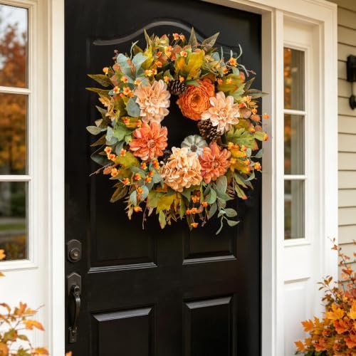 24 Inch Harvest Fall Wreaths for Front Door Outside with Dahlia & Pumpkins - Image 5