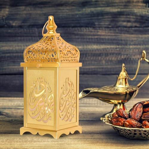 NEEDOMO Ramadan Decorations,14" LED Ramadan Lantern, Ramadan Decorations for Home, Vintage Gold Metal Candle Lantern with Lights, Remadan Decor for Table, Wall, Indoor Outdoor - Image 7