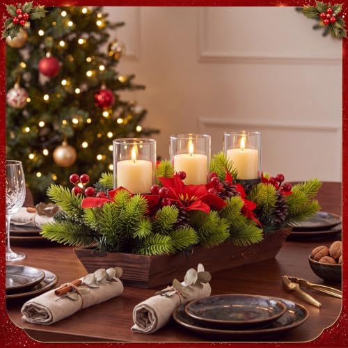 3 Pillar Christmas Table Centerpiece Christmas Candle Holder Artificial Poinsettia with Steel Base Frosted Arrangement for Home Decor - Image 7