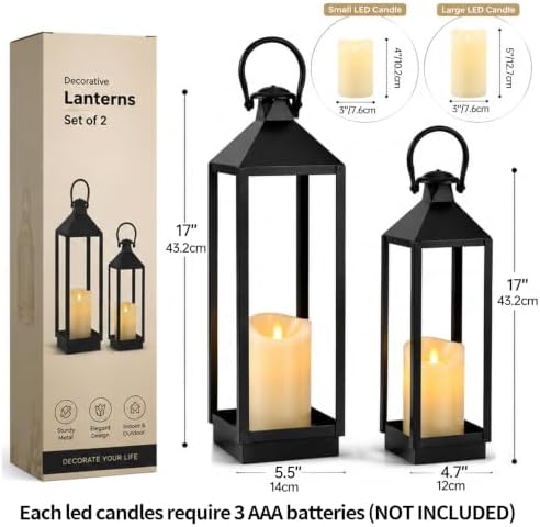 2 Pcs Black Lantern Decorative Indoor Outdoor 17" 13" - Image 2