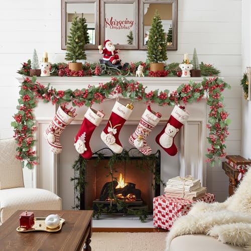 Findosom Total 11.2FT Christmas Garland for Mantle, 2PCS Flexible Red Berry Garland with Leaves, Artificial Garlands for Decoration Christmas Fireplace Indoor Outdoor Home Stairs Holiday Decor - Image 2