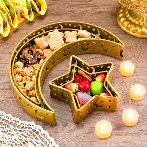 4 Pcs Eid Mubarak Trays Decor Ramadan Moon Serving Trays Star Islam Muslim Food Serving Tray Iron Tray Decorations for Ramadan Islam Party Dessert Pastry Display Holder Decoration - Image 2