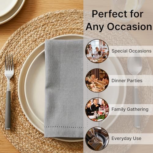 LFH Home Hemstitched Cloth Dinner Napkins 18x18 Inch Set of 12 - Reusable 100% Cotton Machine Washable Cocktail Napkins with Metered Corners for Daily, Party, Wedding, Bar Use - Ash Grey - Image 5