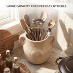 Rustic Utensil Holder for Kitchen Counter - Ceramic Farmhouse Cooking Utensil Crock & Organizer for Spatula, Spoon - Vintage Kitchen Decor (Brown) - Image 3