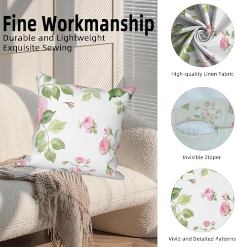 Pink Roses Throw Pillow Covers Blooming Floral Set of 4 Vintage Countryside Small Flower Green Leaves Linen Square Pillowcases for Couch Sofa Bedroom Patio Farmhouse Chair 26x26 Inch - Image 2