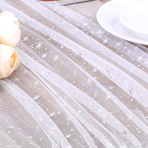 Silver Gauze Table Runner Fabric Sparkling Star 10ft Rectangular 6pcs Bulk - Image 4