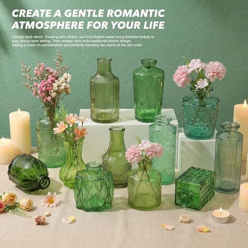 Colored Glass Vases Bulk 32 Pcs - Assorted Vintage Bud Vases for Wedding Centerpieces, Rustic Embossed Glass Bottles for Table Decor, Home Floral Arrangements with Green Series (2-6 Inch) - Image 5