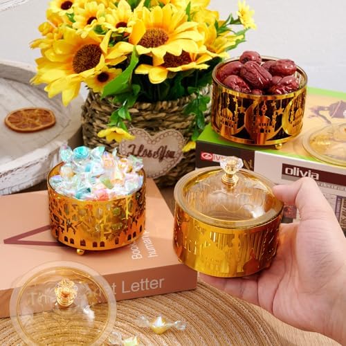 6 Pcs Ramadan Trays with Lid Metal Gold Moon Castle Star Arabesque Eid Mubarak Tray, Plate, Food Storage Container for Serving Cookie Candy Pastry Dessert Eid Party Display - Image 3