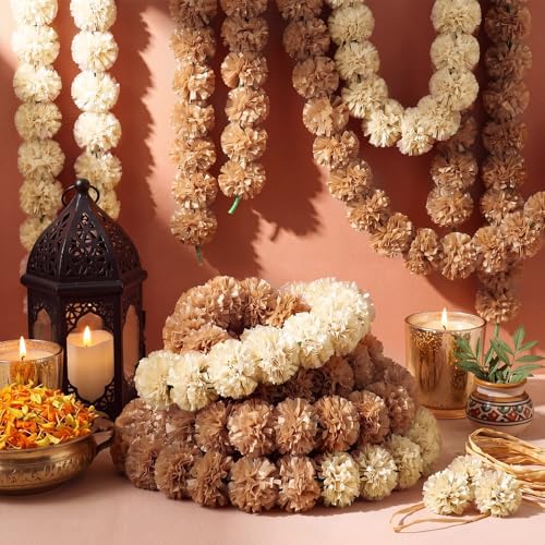 Giegxin 15 Pack 5ft Marigold Garland for Decor, Cream White, Brown - Image 4