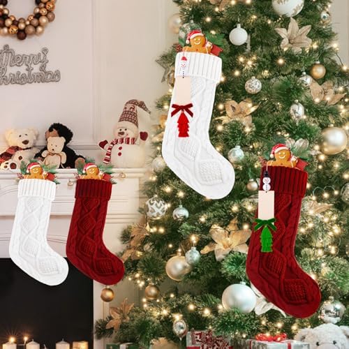 6 Pack Christmas Stockings 18 Inch Cable Knit Stockings with Personalized Snowman Name Tags, Red and White Large Xmas Hanging Stockings with Velvet Bows for Fireplace Mantel Holiday Family Decor - Image 4