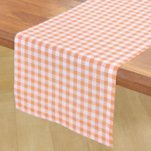Solino Home 100% Pure Linen Table Runner Apricot, Gingham Check 14 x 108 in - Image 2