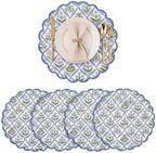 Ridhi Floral Block Print Round Placemats 15" in, Set of 8, Light Steel Blue by Ridhi