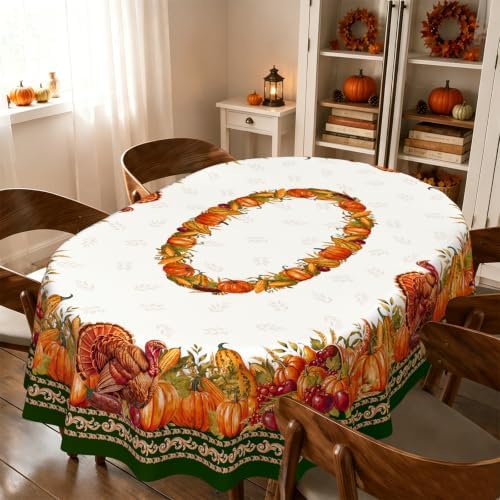 Oval Fall Tablecloth 60x120 Inch, Thanksgiving Autumn Harves Turkey Pumpkin Table Cloth, Waterproof Wrinkle Resistant Table Cover for Fall Decorations Decor by Unknown