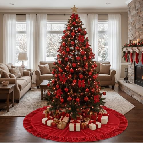 84'' Ruffled Velvet Christmas Tree Skirt Vintage Xmas Decor, Red - Image 5