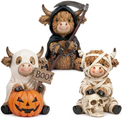 3 Pcs Halloween Highland Cow Figurines, Mummy Reaper Ghos Decor by Duucoepl