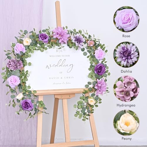 Waipfaru 2 Pcs Flower Garland, 6Ft Eucalyptus Garland with Flowers, Rose Floral Vines for Wedding Reception Table Mantle Room Spring Summer Decor (Purple) - Image 3