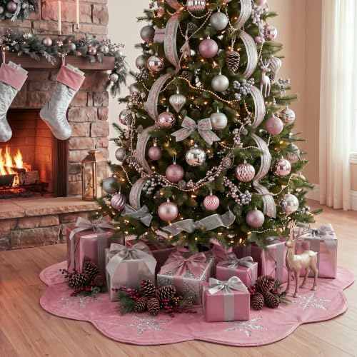Hollowfly Dusty Pink Velvet Christmas Tree Skirt with Sequin Snowflake 48'' - Image 6