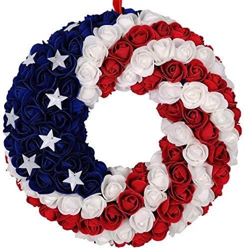 idyllic July 4th Patriotic Americana Wreath Boxwood Handcrafted Memorial Day Wreath Festival Garland Decoration Front Door Wall Home Decor (Blue) by idyllic