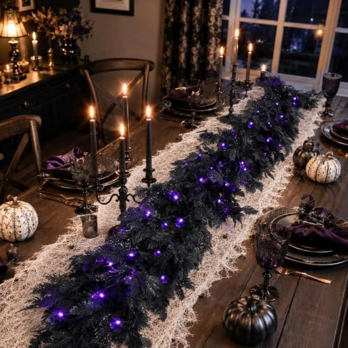 Pre-Lit Halloween Garland 9FT Decorations Black Real Touch Cedar Cypress Pine Plant Artificial Halloween Garland with Lights for Mantle, Fireplace, Table, Stairs, Door, Indoor Outdoor Decorations - Image 2