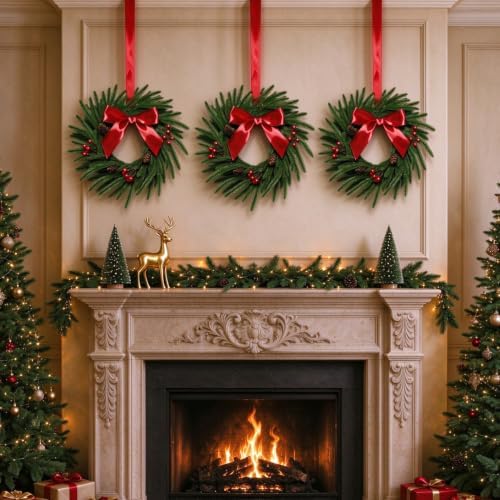 8 Pcs 12 Inch Mini Artificial Norfolk Pine Christmas Wreaths,Small Wreath with Red Ribbon Bow, Red Berry & Pinecone, Indoor Xmas Decor for Cabinet, Kitchen Door, Window, Fireplace Staircase Railing - Image 4