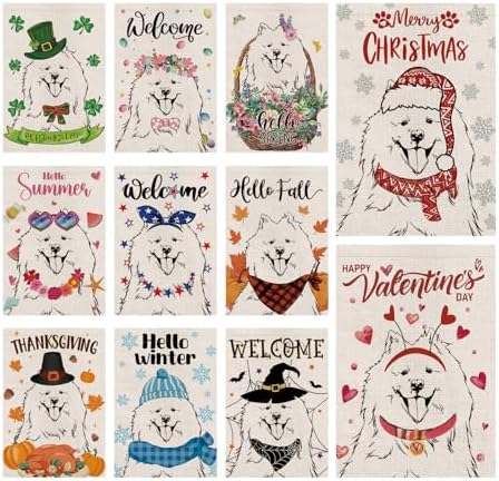 Seasonal Garden Flags Samoyed Double Sided Flags Set of 11 Holiday Farmhouse Indoor Outdoor Yard Lawn Christmas Gifts Decorations 12.5x18 Inch by GPGHEFlags