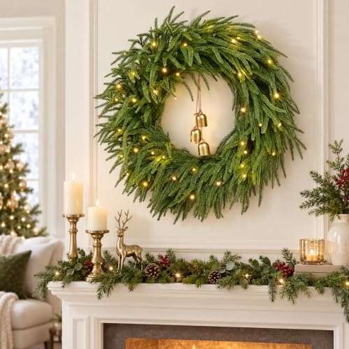 2 Pcs Real Touch Norfolk Pine Christmas Wreath with Lights & Burgundy Bow - Image 2