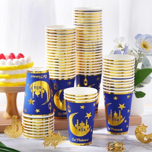 Domensi 100 Pack Eid Mubarak Paper Cups Gold Foil Disposable, Blue - Image 3