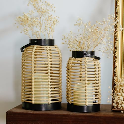 14in Lanterns Decorative for Home Decor- Decorative Candle Lanterns w/ LED Candles- Boho Rattan Woven Hanging Black Lanterns Decor for Indoor, Outdoor, Patio & Porch, Tabletop, Fireplace & Mantle - Image 4