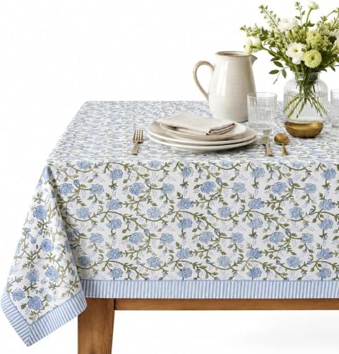 Hand Block Print Square Tablecloth Hibiscus Blue Vine 60 * 60 inch Reusable Table Cover Decorative Everyday Use for Dining Room, Farmhouse, Home Gift for Spring, Summer by THEJAIPURFOLK