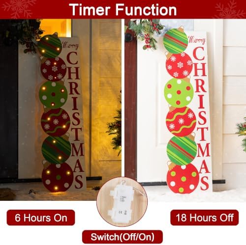 Glitzhome 42"H Lighted Christmas Ornament Porch Decor,Wooden Vertical Porch Sign With Timer,Merry Christmas Sign for Holiday Front Porch Outdoor Decorations - Image 3