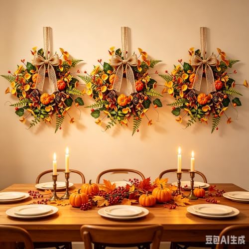 6 PCS Mini Fall Wreaths for Kitchen Cabinets Small Fall Hanging Wreath with Pumpkins Pinecones Berries Eucalyptus Thanksgiving Wreath for Front Door Window Cabinet Farmhouse Decor - Image 3