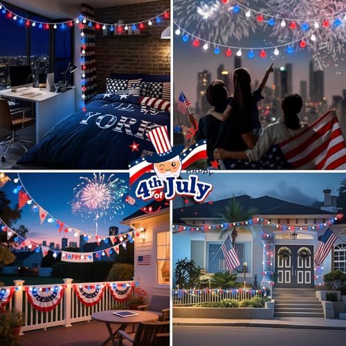 Connectable Red White and Blue String Lights Outdoor Indoor, 42FT 100LED 4th of July Decorations Plug in with Timer, 13 Modes Patriotic Globe Waterproof Fairy Lights for Independence Day Memorial Day - Image 3