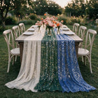 Artoid Mode 6PC Beige Green Blue Gauze Table Runner 120 Inch 10FT, Glitter Metallic Foil Sheer for Wedding Anniversary Holiday Birthday Home Party Decor - Image 4