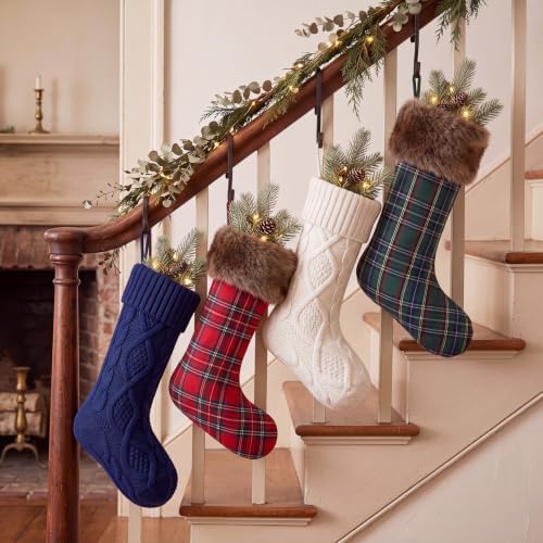 Junkin 4 Pack Tartan Christmas Stockings Navy Blue & White - Image 6