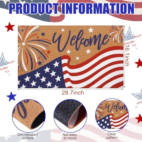 Tingjoo 2 Pcs 4th of July Door Mat and Patriotic Wreath for Front Door - Image 4