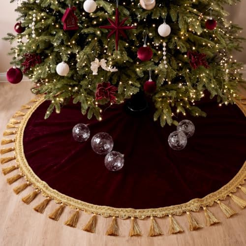 Blueweenly 48 Inch Burgundy Christmas Tree Skirt, Gold Tassel Edge by Blueweenly