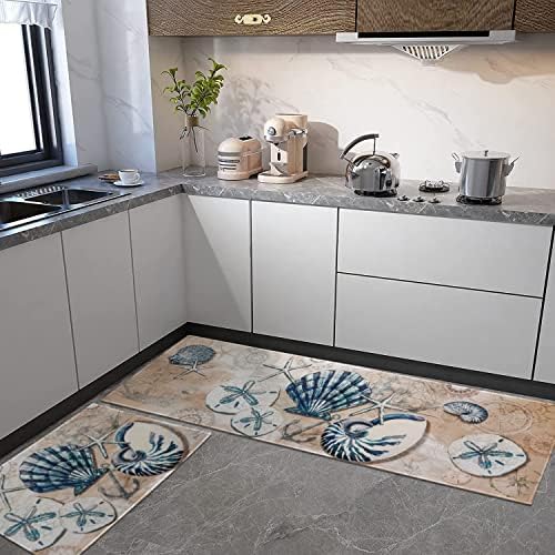 Nautical Kitchen Rugs Set 2 Piece,Ocean Theme Seashell Decorative Rugs for Kitchen, Tropical Beach Low-Profile Floor Mats Decorations for Home Kitchen (17"x48"+17"x30") - Image 2